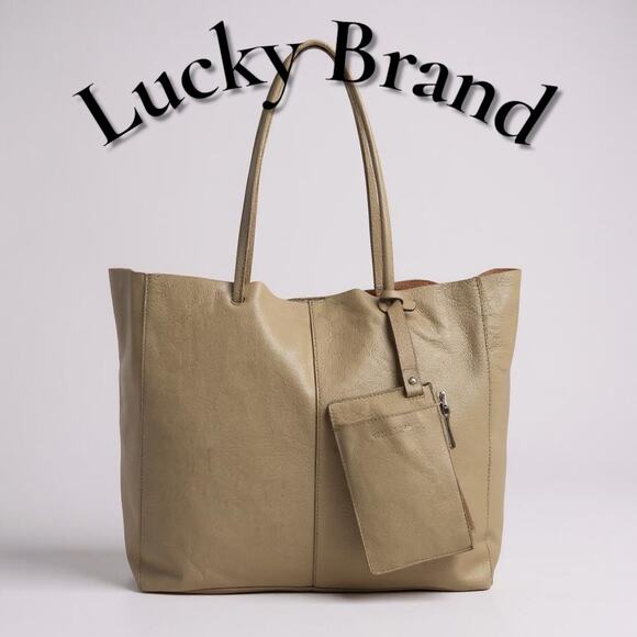 Lucky Brand Jaid Taupe Leather Shoulder Carryall Tote Bag w/zippered Pouch - Picture 1 of 12